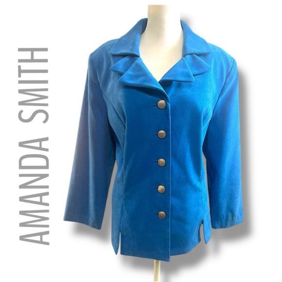 AMANDA SMITH Vintage Double Collar Blue Faux Suede Blazer Women’s SZ 16W - Picture 3 of 16